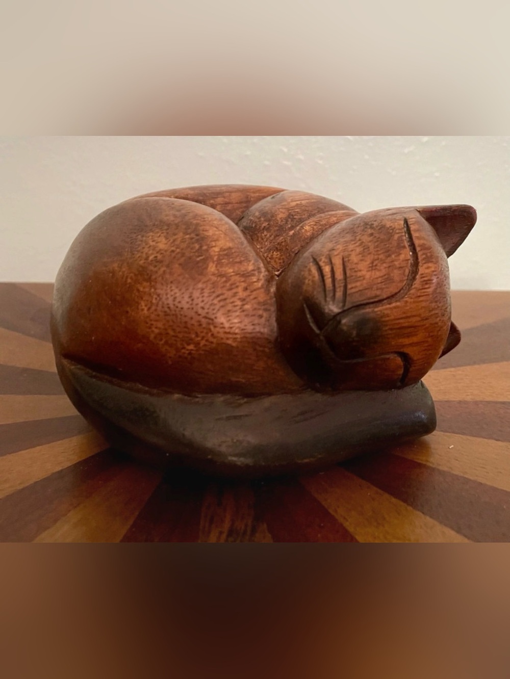 Vintage Handcarved Thai Cozy Cat Wooden Figurine from Chiang Mai, Thailand Art